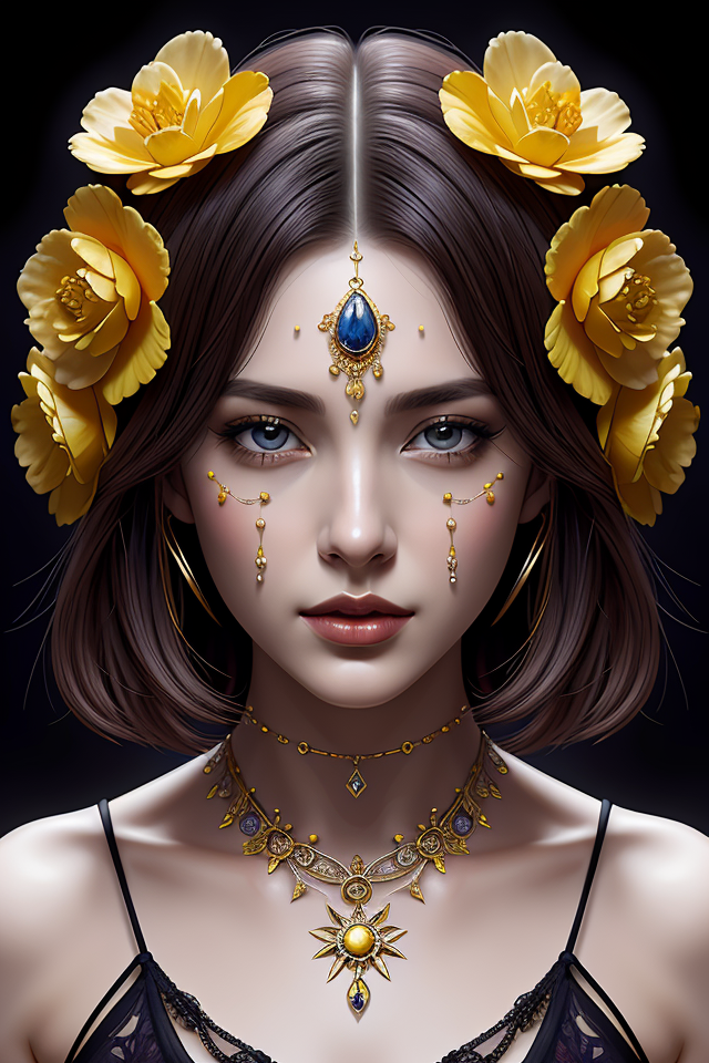 01636-3787936118-realistic character concept_     the empress with lots of jewelry and yellow and purple flowers in the face      elegant pose.png